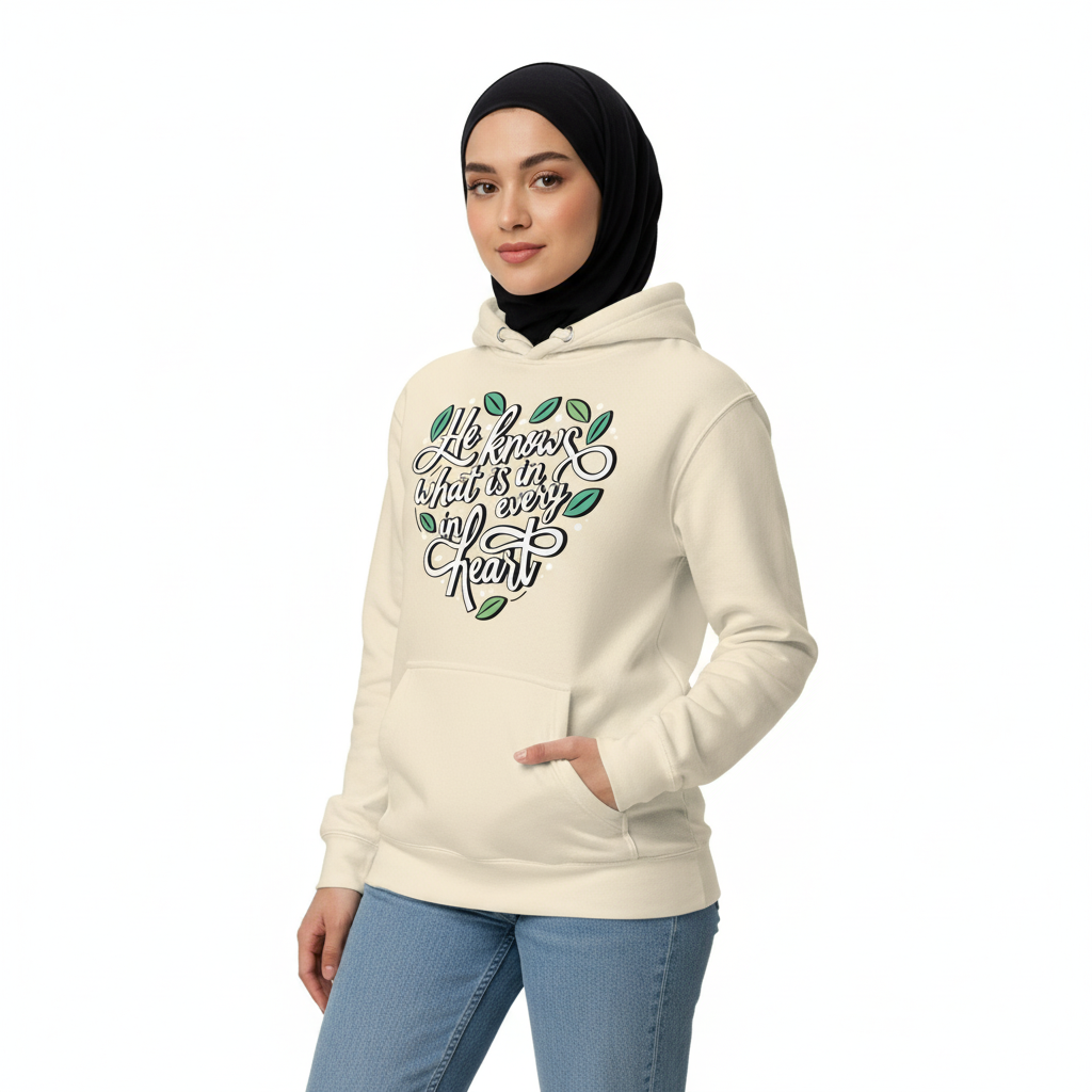 Cream hoodie three-quarter - He Knows What Is In Every Heart