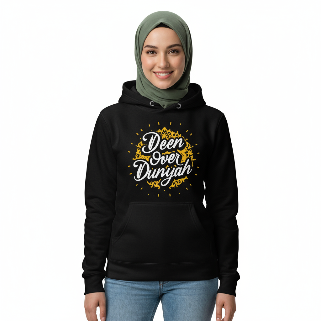 Female front - Deen Over Dunyah hoodie with sage hijab