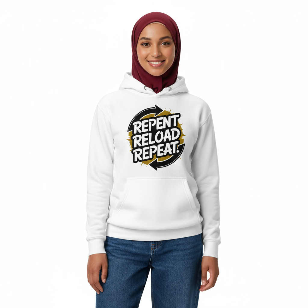 Female front - Repent Reload Repeat white hoodie with burgundy hijab