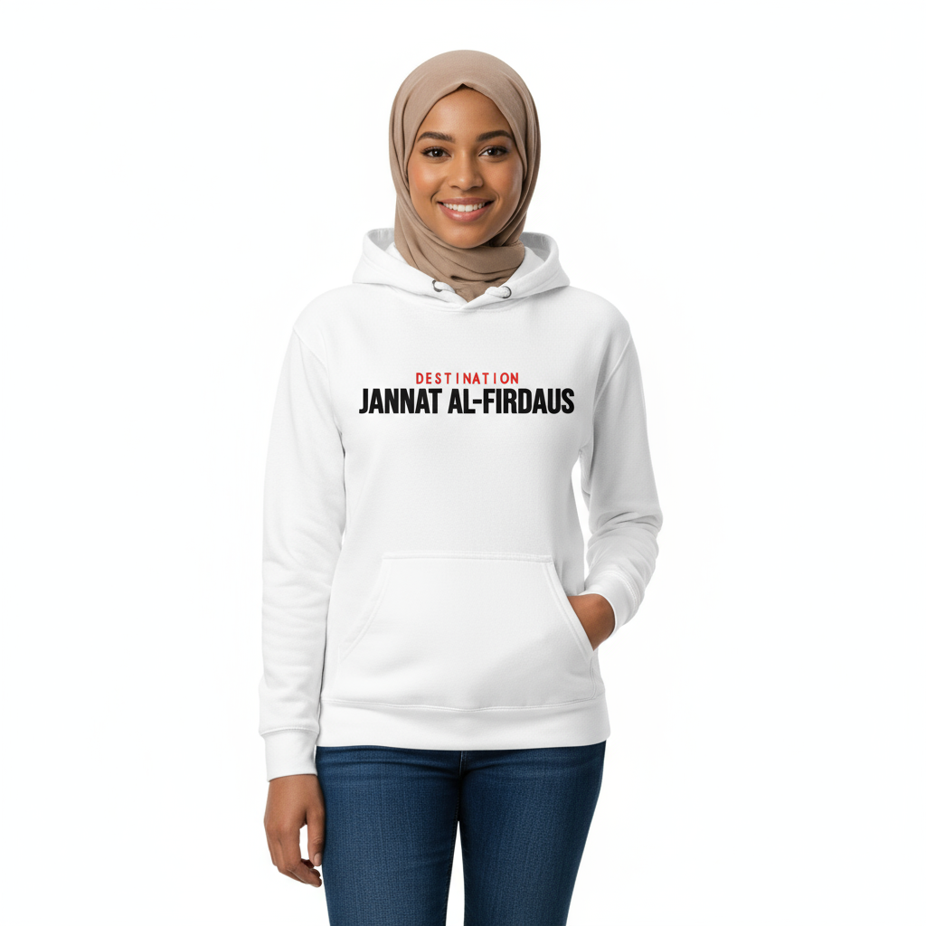 Female front - White Destination Jannat Al-Firdaus hoodie with taupe hijab