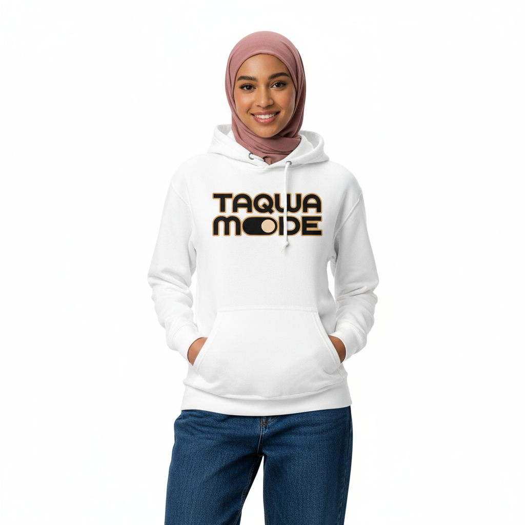 Female front - White Taqwa Mode hoodie with dusty rose hijab