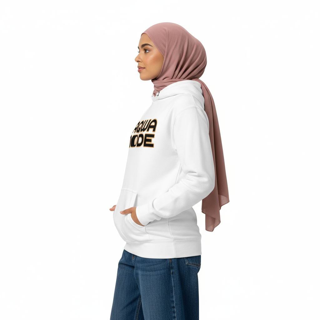 Female side - White Taqwa Mode hoodie with dusty rose hijab