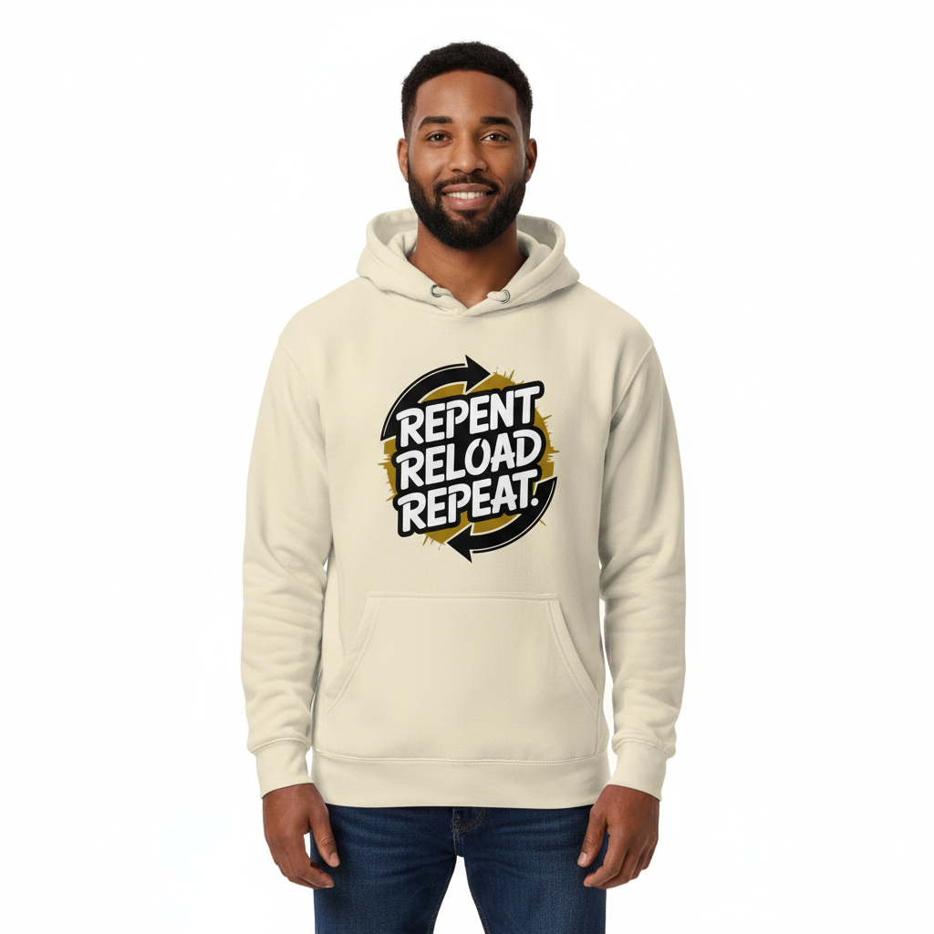 Male front - Repent Reload Repeat cream hoodie