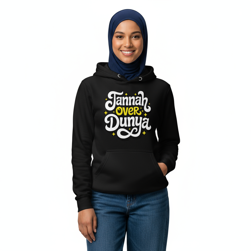 Woman 1 front - Black Jannah Over Dunya hoodie with navy hijab