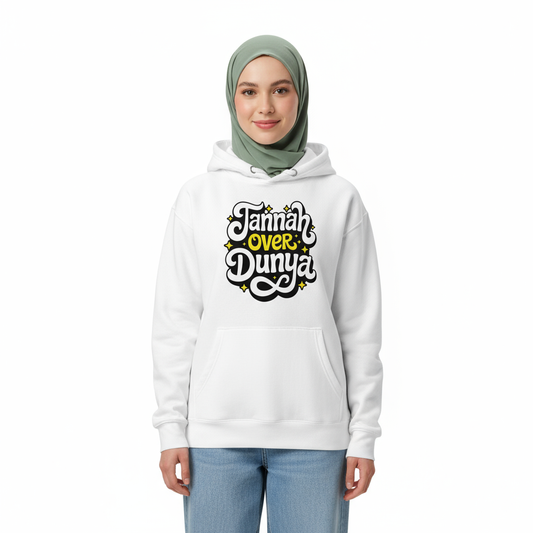 Woman 2 front - White Jannah Over Dunya hoodie with sage hijab