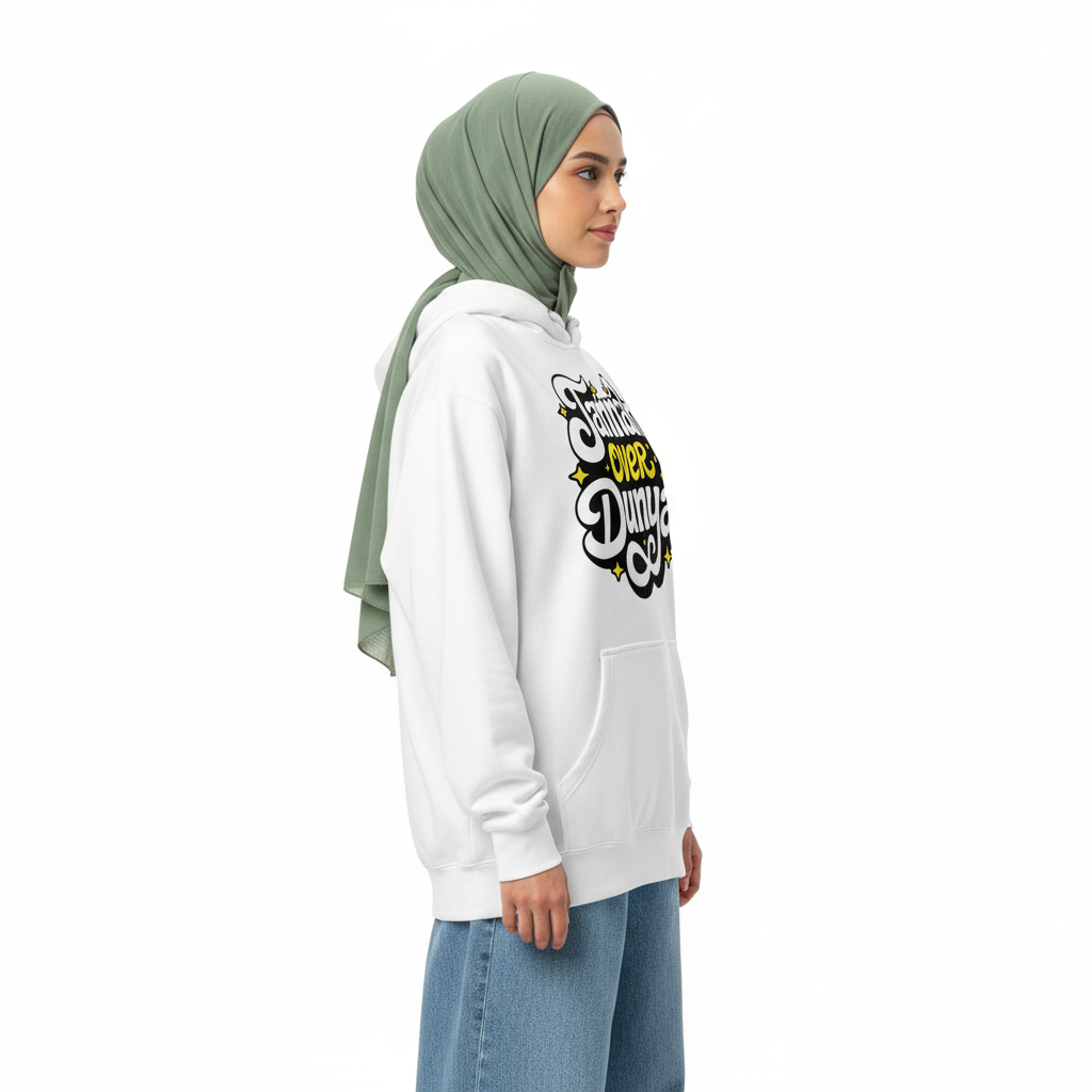 Woman 2 side - White hoodie with sage hijab